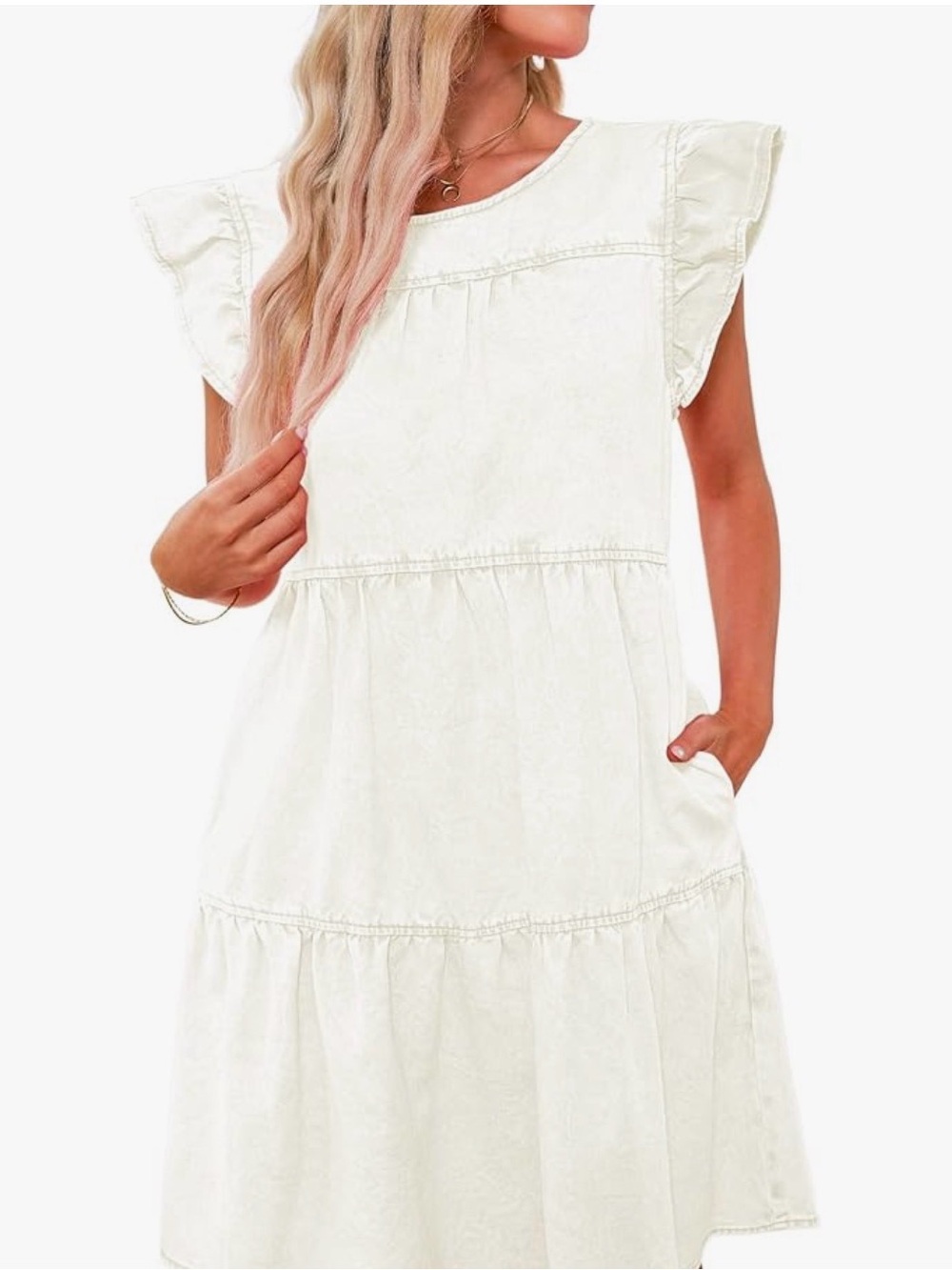 Ivory Tiered Flutter Sleeve Dress